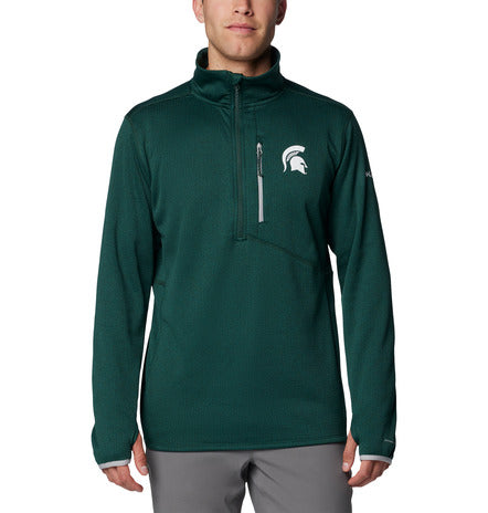 Person wearing a dark green quarter-zip pullover with long sleeves and a Spartan helmet logo on the left chest, representing Michigan State University.