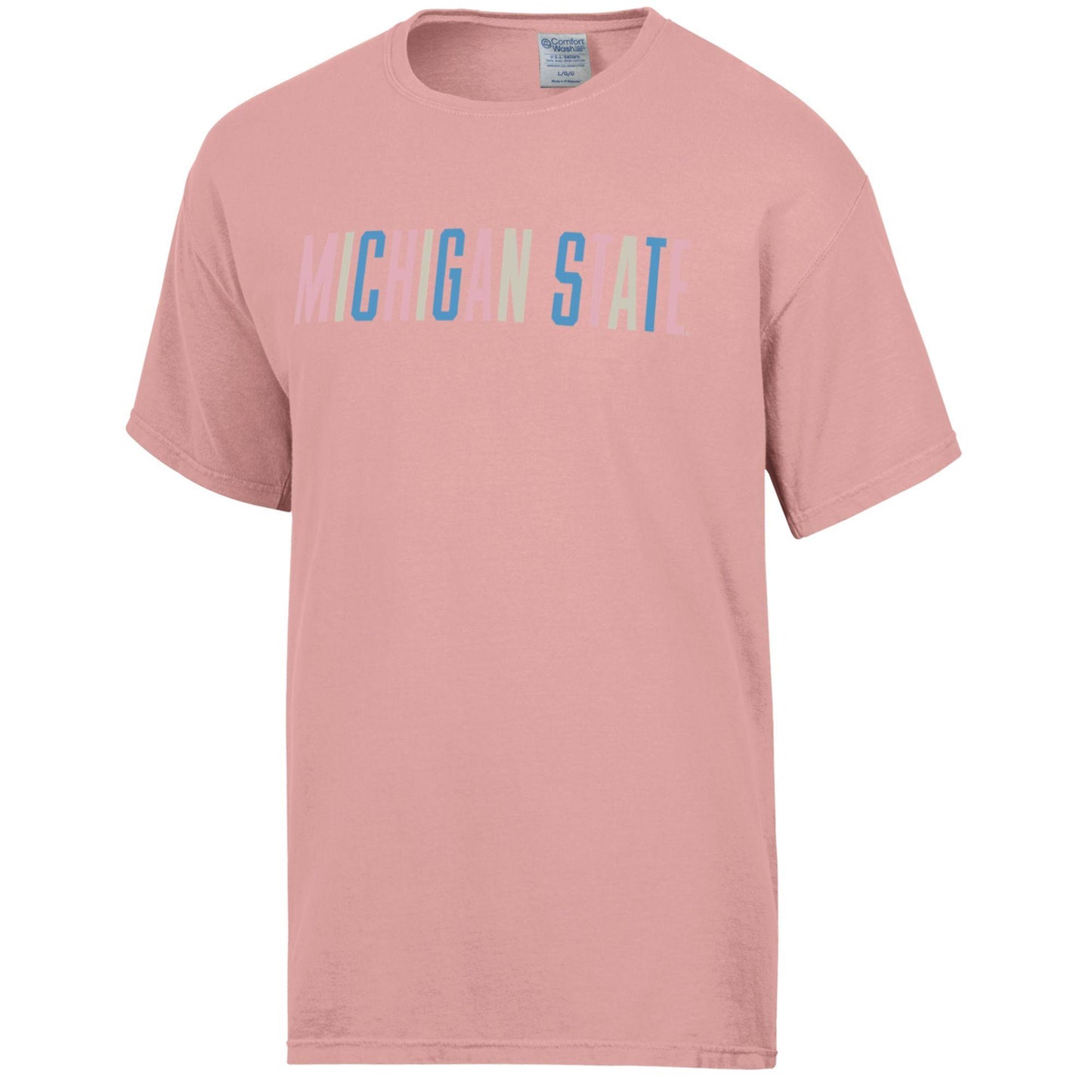 A coral pastel-colored short sleeve T-shirt with "Michigan State" written across the front in multicolor block letters.
