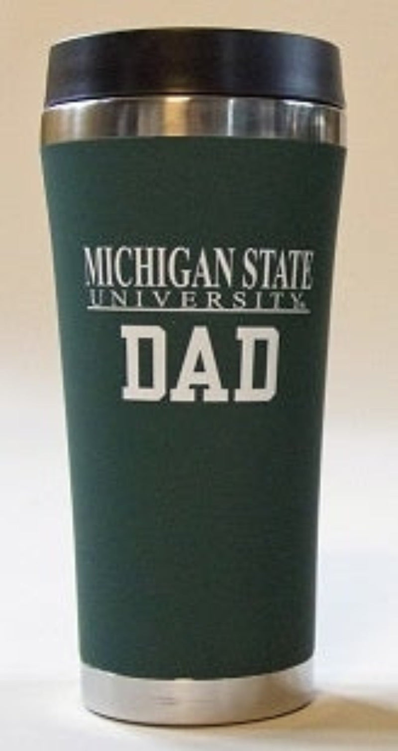 A green travel mug with 'MICHIGAN STATE UNIVERSITY DAD' printed on it, featuring a stainless steel top and bottom.