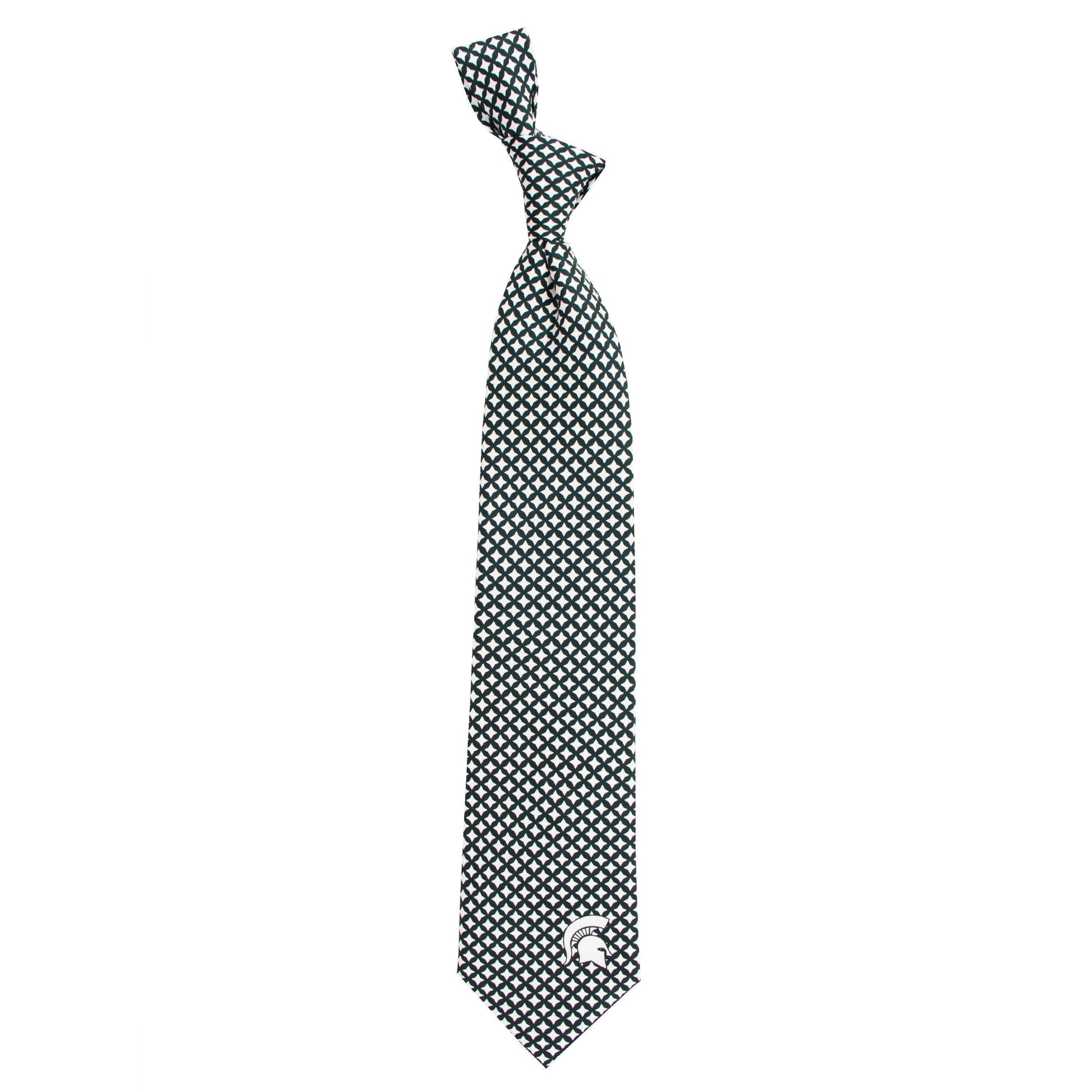 A green tie with a white diamond pattern and a white Spartan Helmet logo at the bottom.