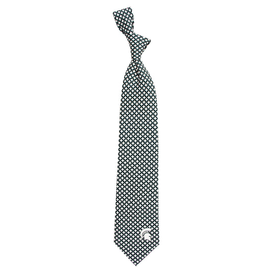 A green tie with a white diamond pattern and a white Spartan Helmet logo at the bottom.