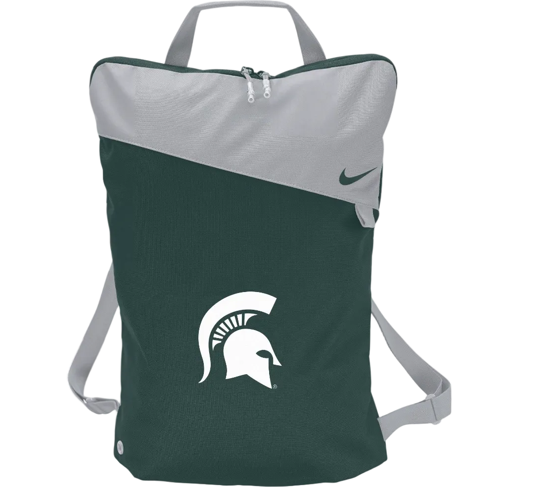 Green utility bag with with a zipper at the top, grey handle, and a white Spartan Helmet logo printed boldly on the front. Top portion of bag is accented with grey material. On the top right is a Nike logo and patch. 