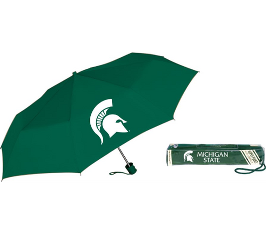 A green umbrella with a white Spartan helmet logo