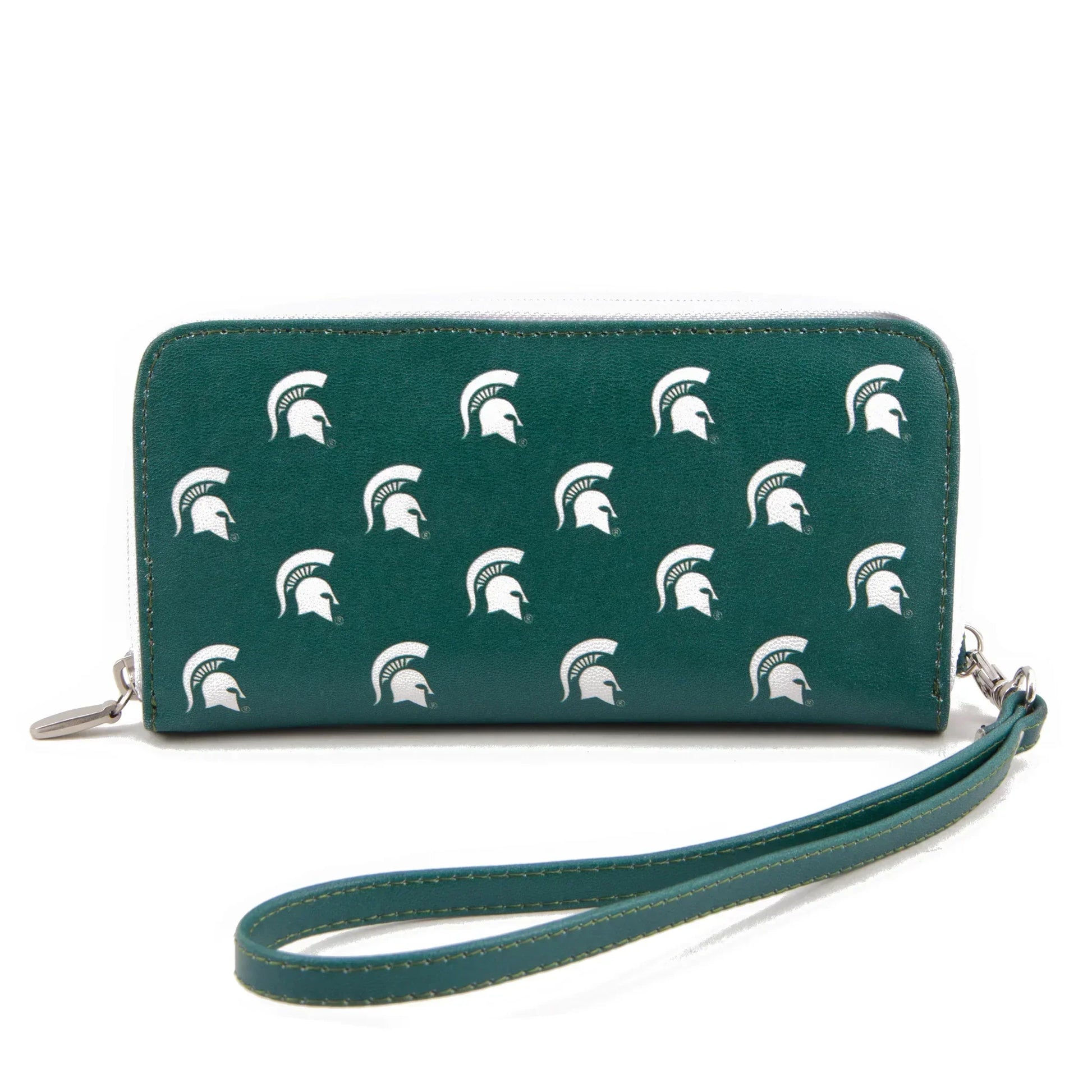 Green wallet with white Spartan Helmet logos and a wrist strap.