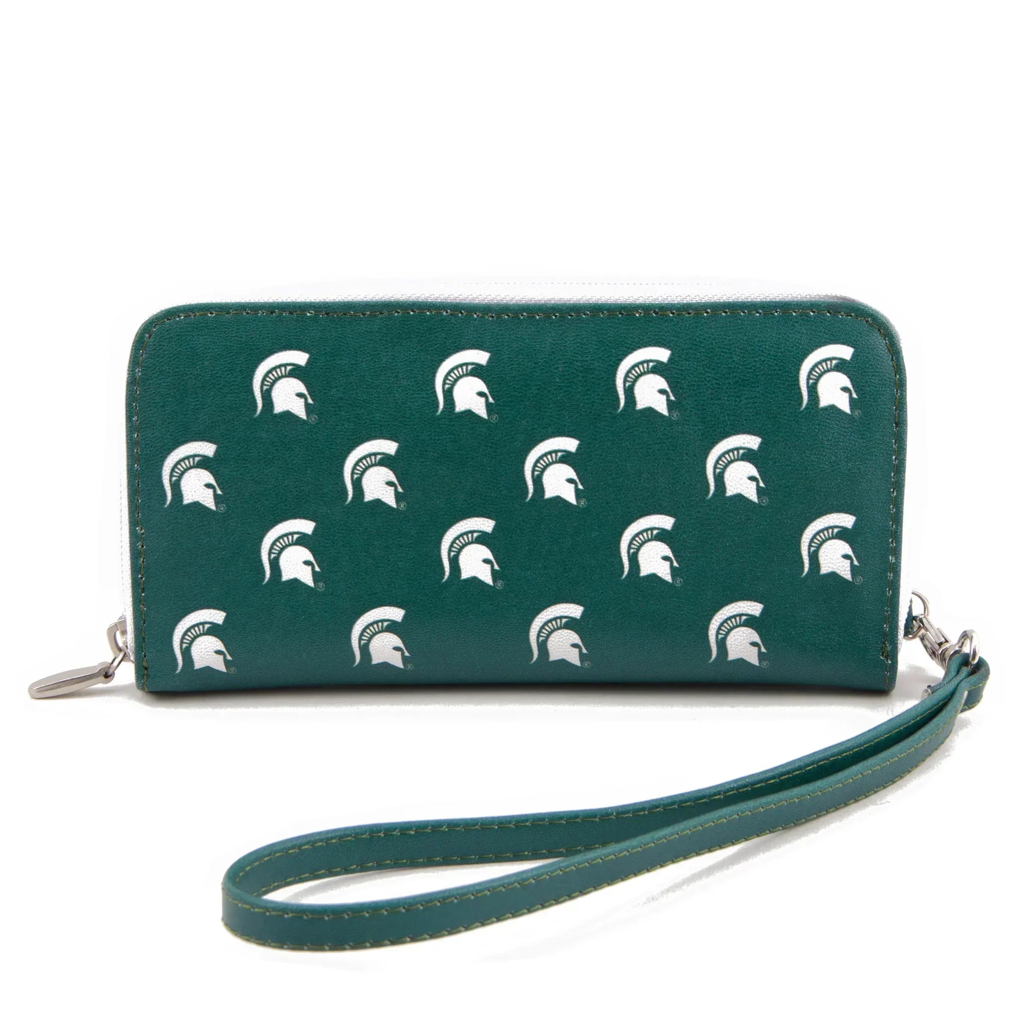 Green wallet with white Spartan helmet logos and a wrist strap.