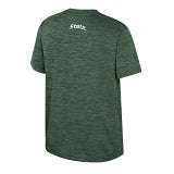Back of a green shirt with writing in white block text that says "State." 