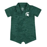 Green baby romper with subtle leaf pattern, short sleeves, and Spartan Helmet logo on the chest.