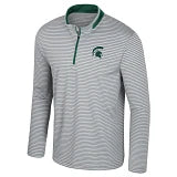 A gray and white horizontal striped quarter-zip pullover with green accents and a green Spartan helmet logo on the upper left chest.