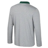The back of a gray and white horizontal striped pullover.
