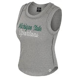 A gray Michigan State Spartans muscle tank top with embroidered text on the front.