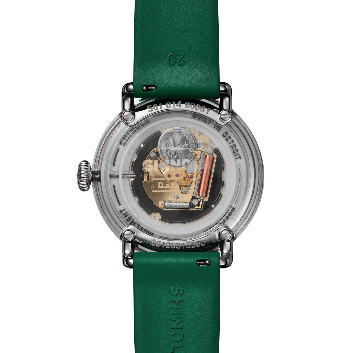 Back view of green Shinola watch with green face and strap featuring white numbers and a white Spartan Helmet logo. Stainless-steel watch casing. 