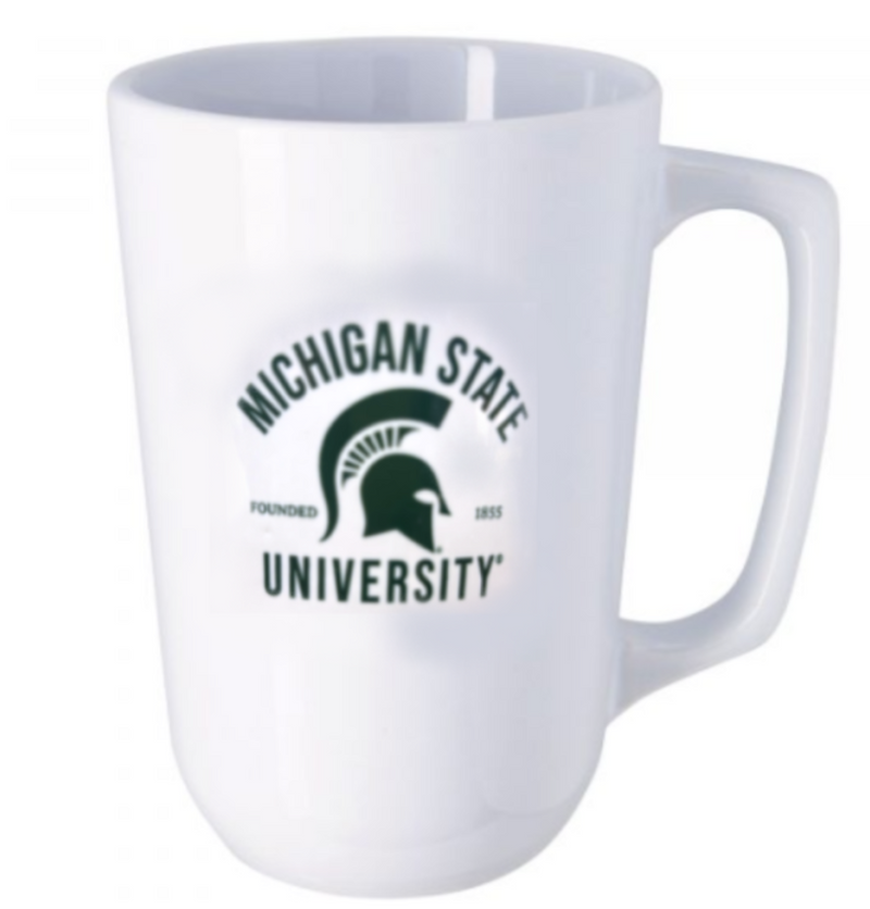 White mug with green Michigan State logo with Spartan Helmet centered.