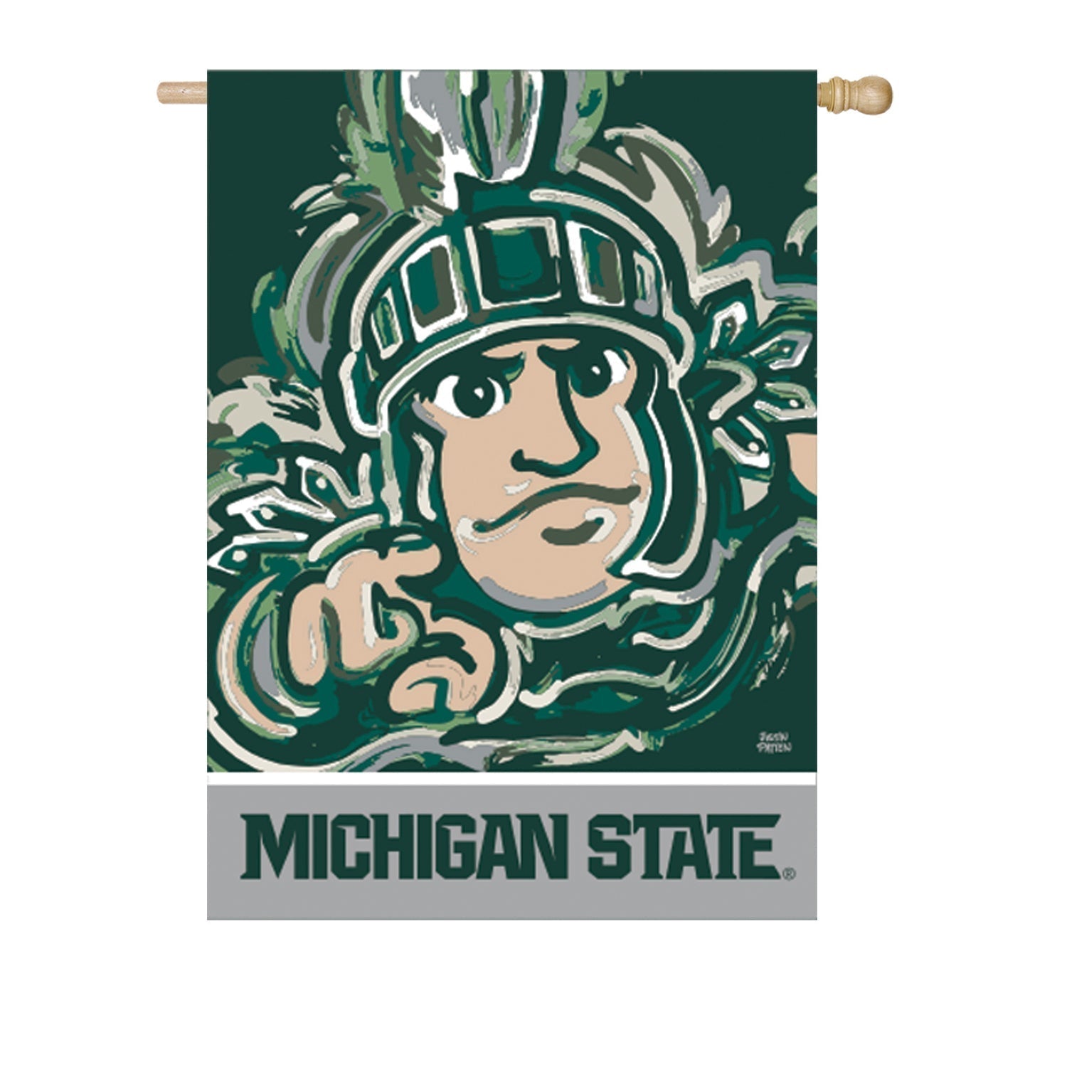 Rectangular suede flag with a vertical design of the MSU mascot Sparty with his finger pointing. Gray bottom banner with dark green text that reads "Michigan State".