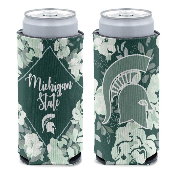 Floral can coolers with Spartan helmet logos and "Michigan State" text.