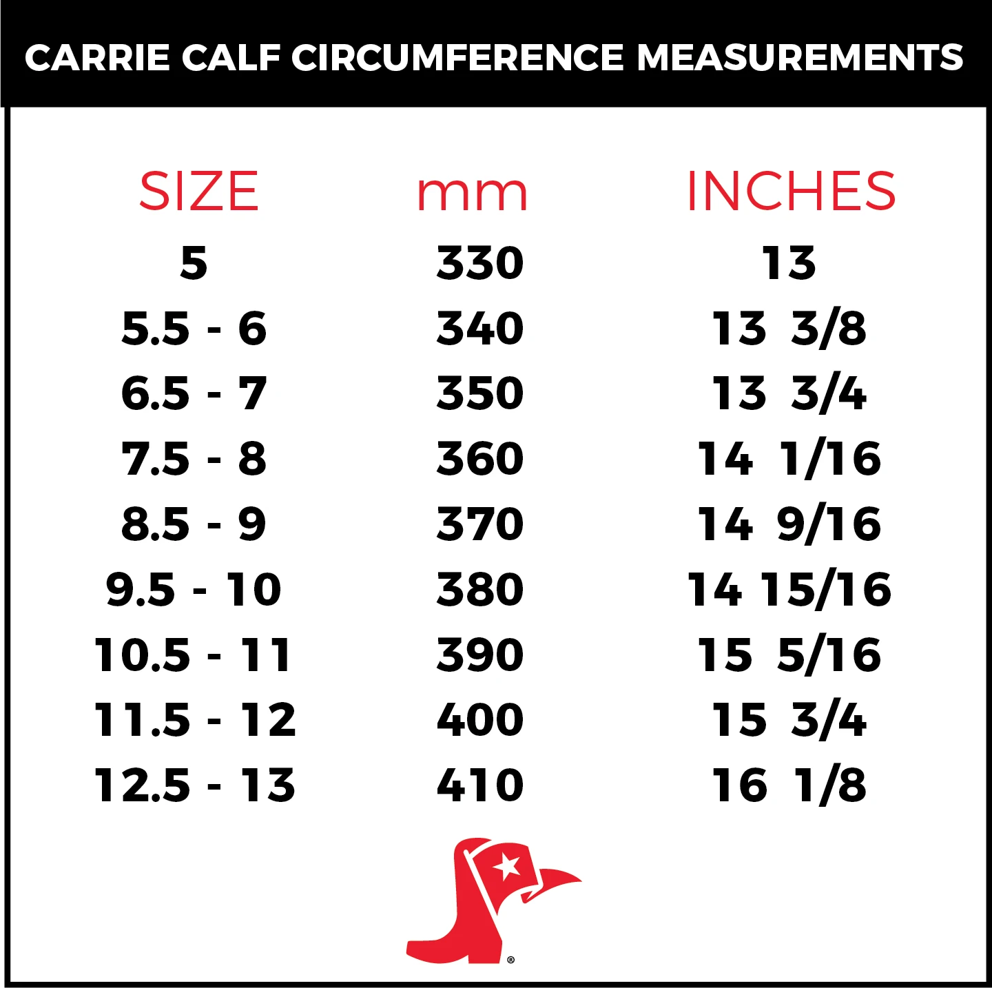 A size chart titled 'CARRIE Calf Circumference Measurements' showing sizes 5 through 12.5-13 with corresponding millimeter and inch measurements.