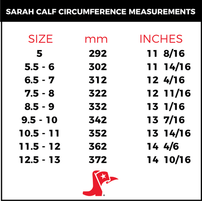 A size chart titled 'SARAH CALF CIRCUMFERENCE MEASUREMENTS' showing measurements in millimeters and inches for sizes 5 through 13, with a red St. Patrick's Day hat logo at the bottom on a white background.