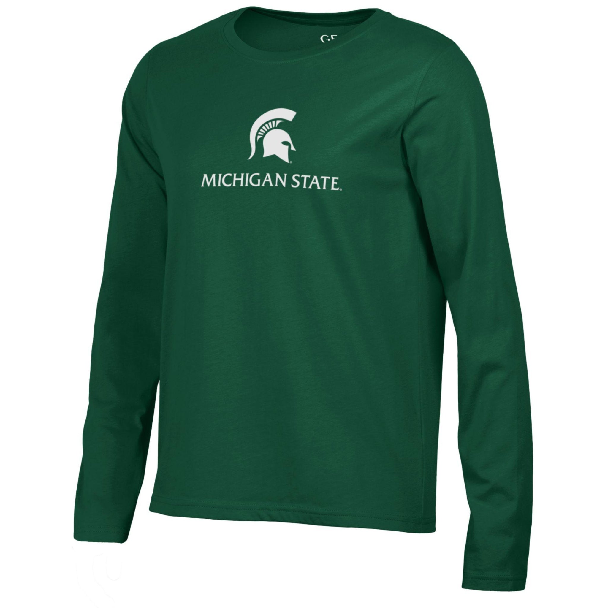 Green long-sleeve t-shirt with white screen-printed Michigan State logo below a white Spartan helmet logo.