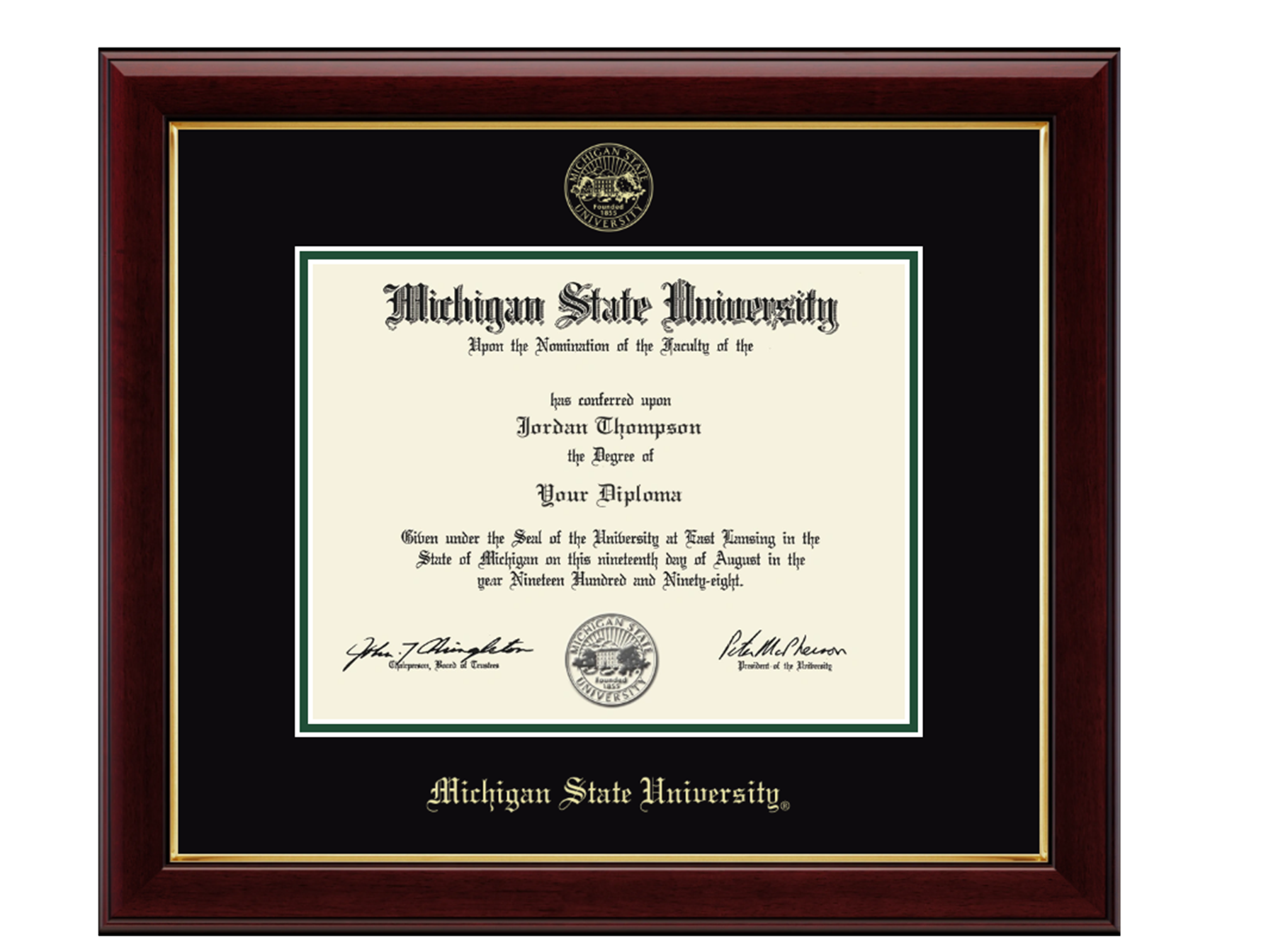 Diploma frame in a cherry lacquer finished moulding. Gold accents surrounding black mat. Gold embossed Michigan State University medallion centered above diploma display opening. Opening of mat is trimmed with tartan green mat. Below opening in gold embossed is Michigan State University. 