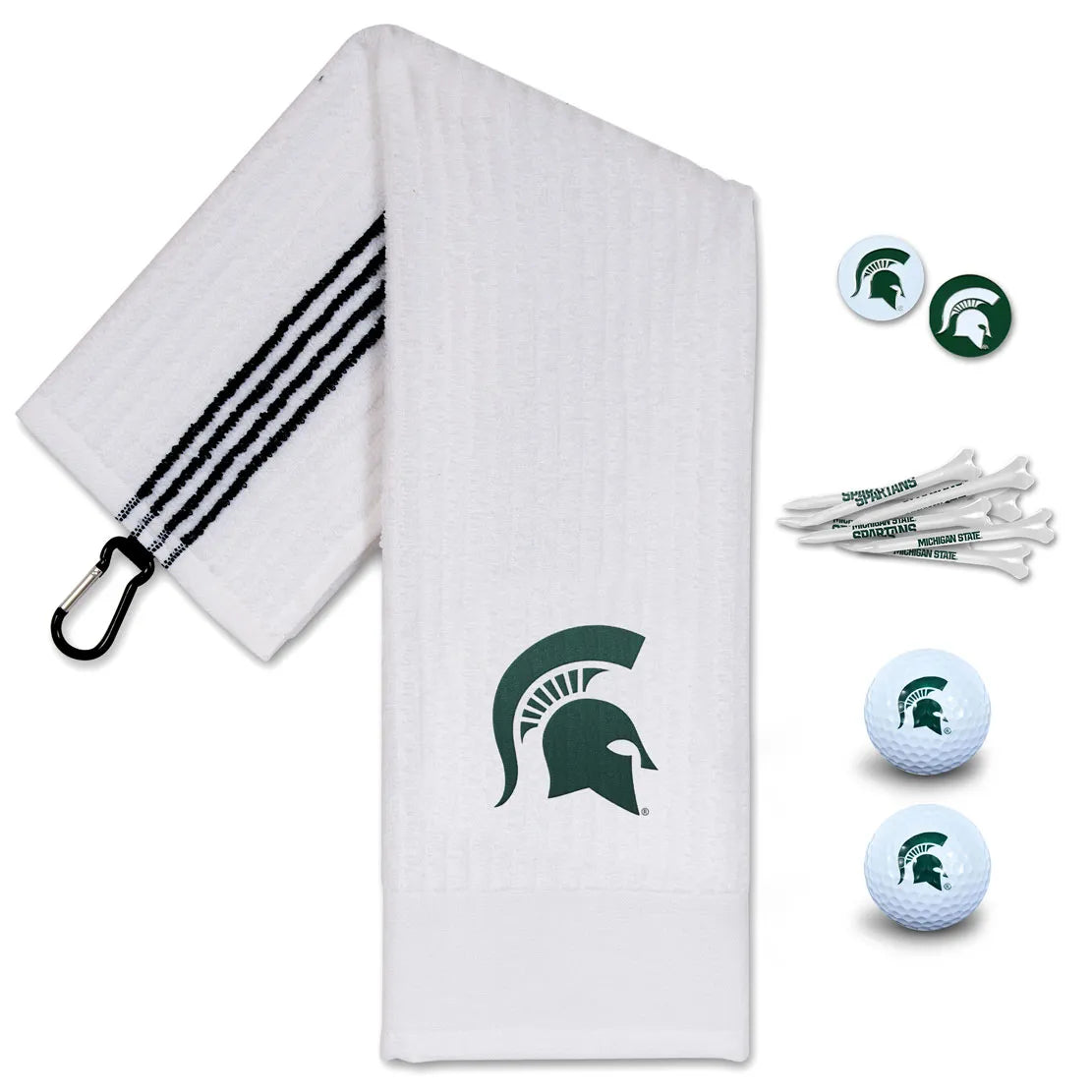 A white Michigan State golf towel with a green Spartan Helmet logo beside Spartan Helmet ball markers, Michigan State tees, and Michigan State golf balls.
