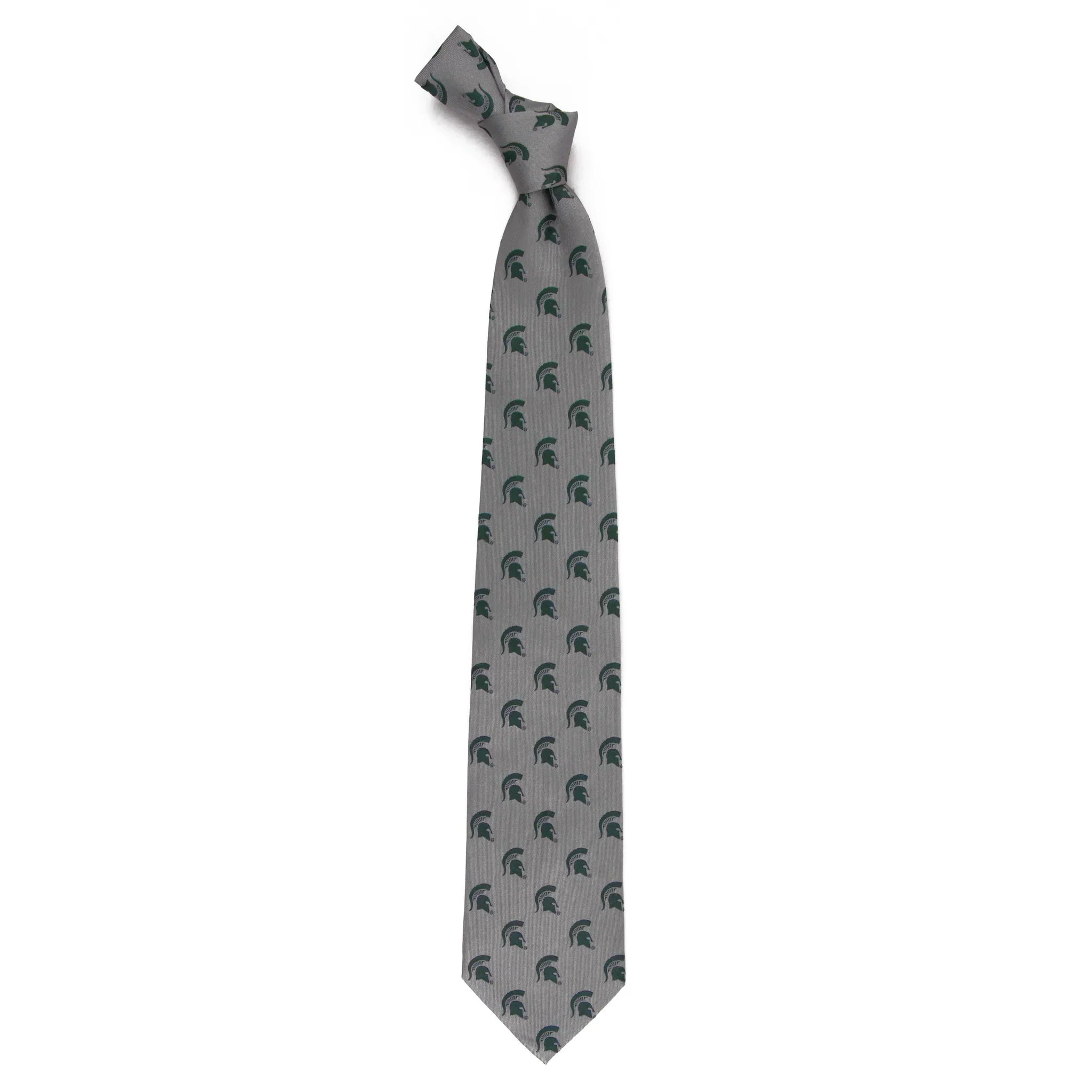 Gray necktie with repeating green Spartan helmet logo pattern.