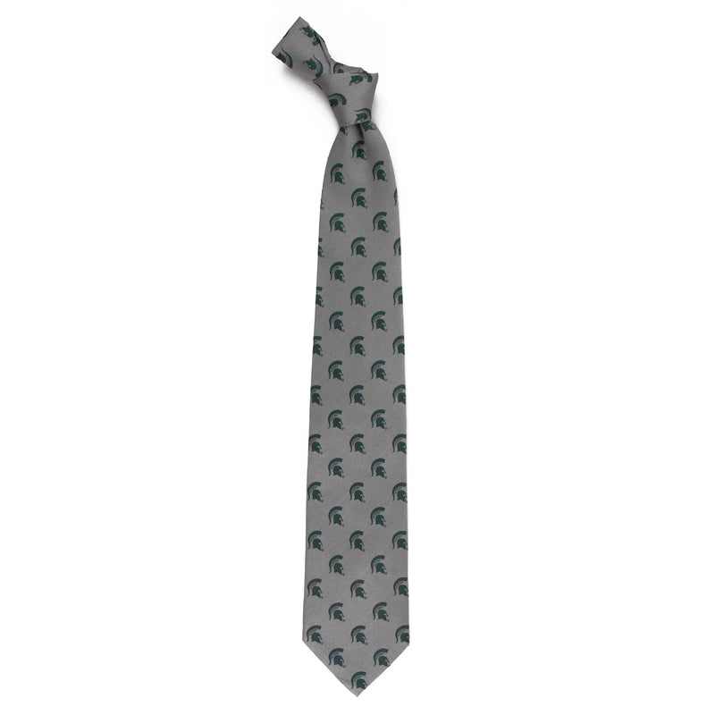 Gray necktie with repeating green Spartan helmet logo pattern.