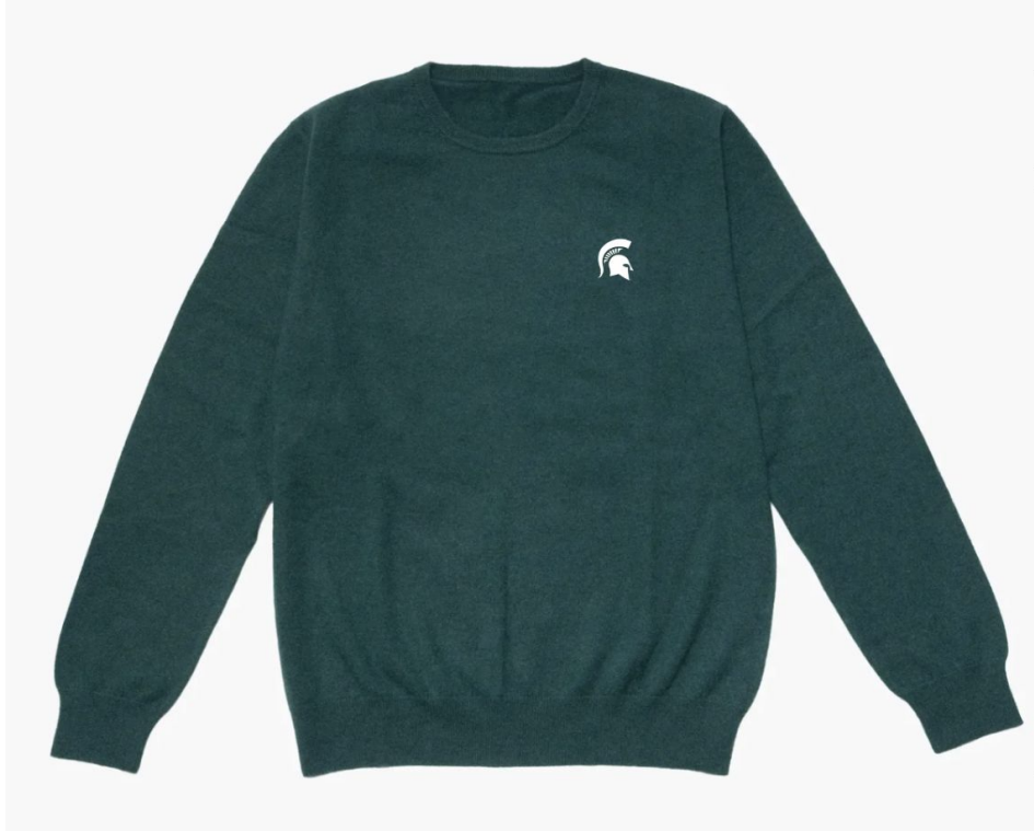 Dark green crew neck sweater. On left chest is a green embroidered Spartan helmet. 