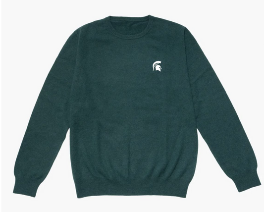 Dark green crew neck sweater. On left chest is a green embroidered Spartan helmet. 