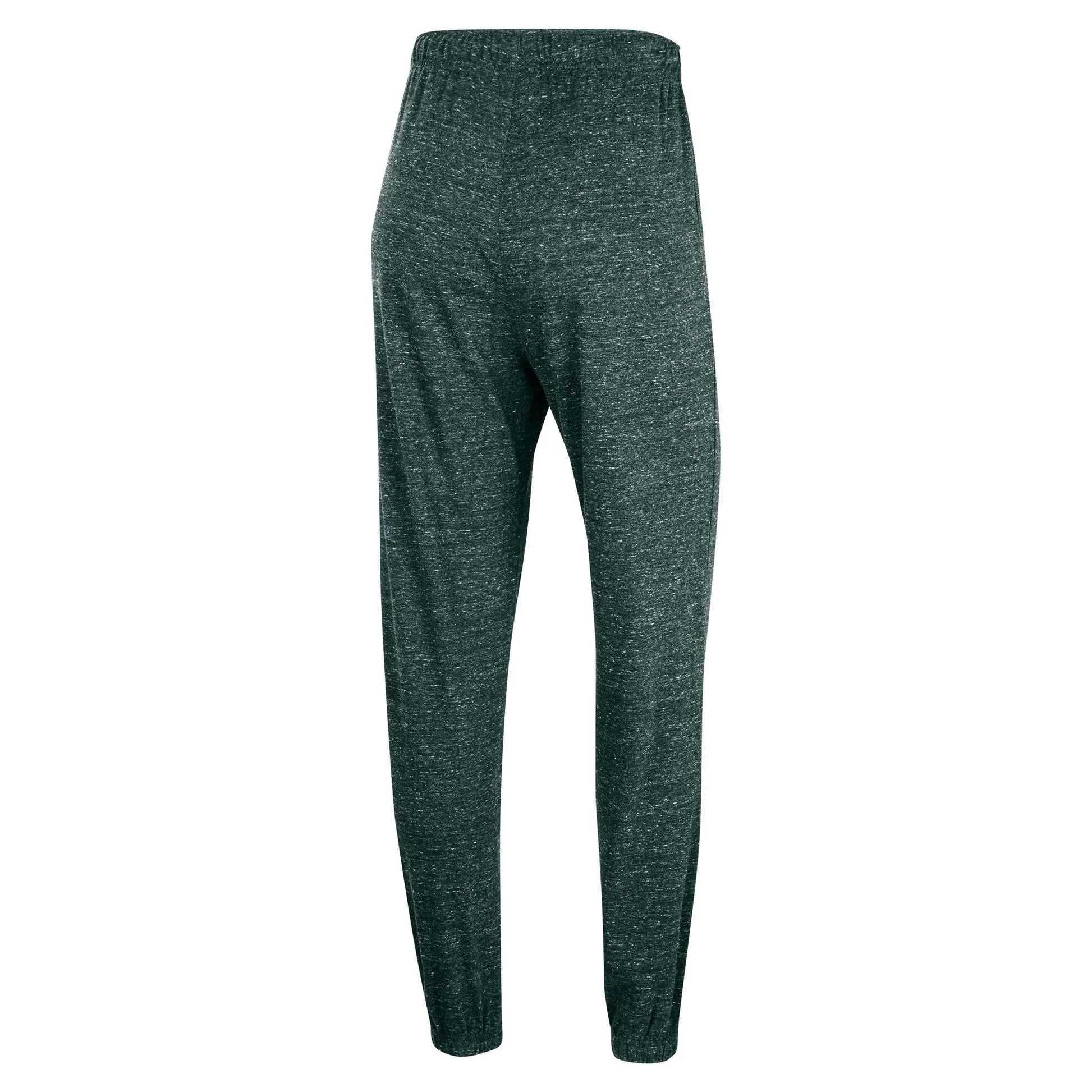 The back of a pair of green heather joggers.