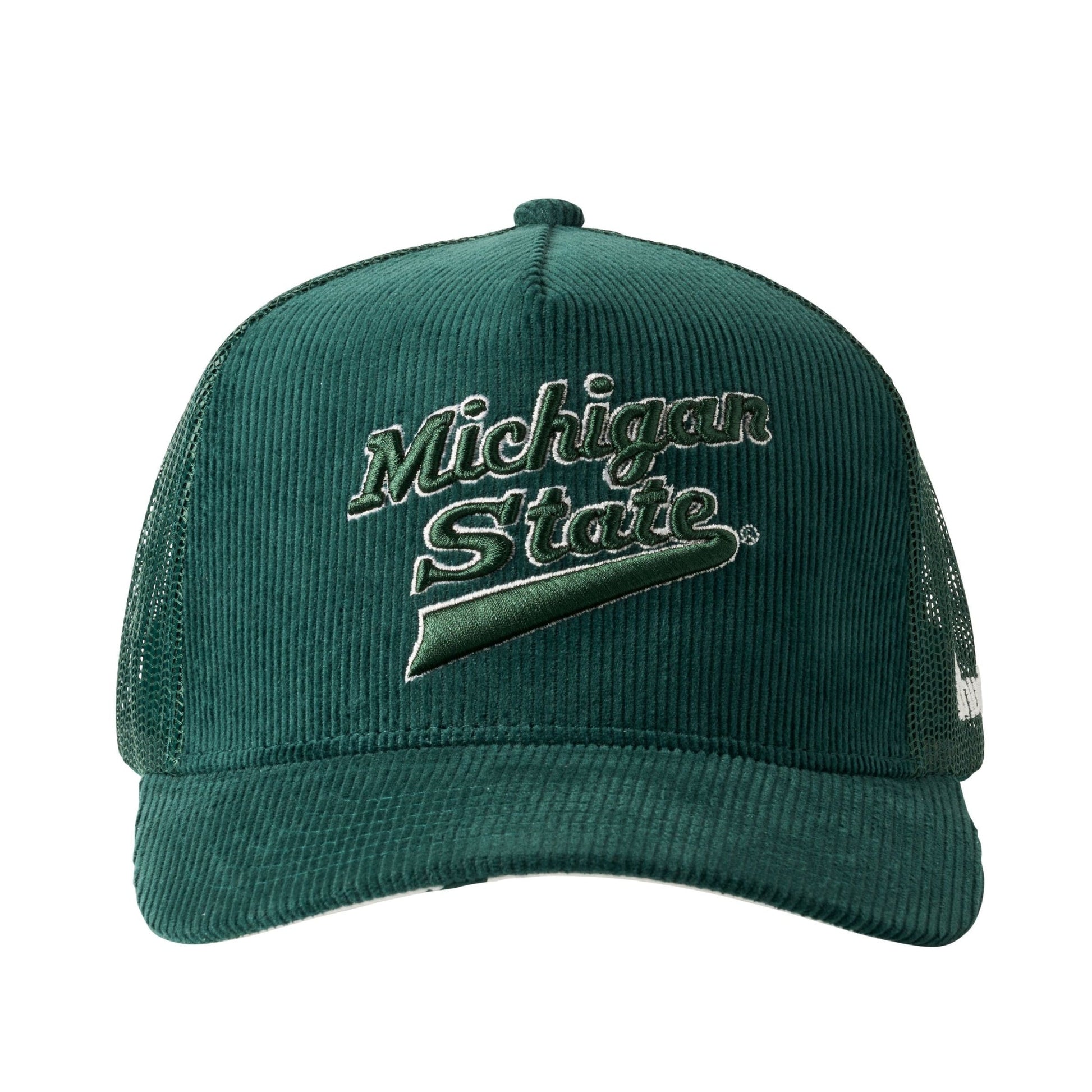 A green Michigan State corduroy trucker hat with a green 3D embroidered "Michigan State" on the crown and a snapback fastening feature, with the brand name d.hudson on the side.