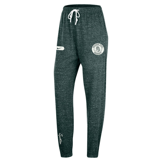 Green heather joggers with a Gruff Sparty "Michigan State University" logo on the upper left leg and the word "Spartans" in cursive on the lower right leg.
