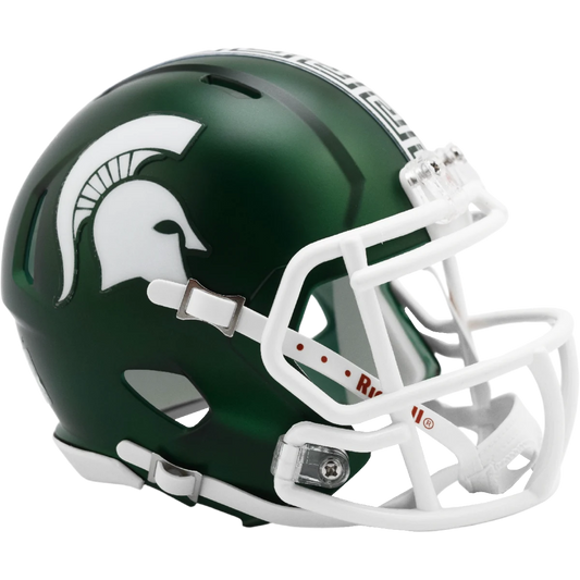 Green Michigan State Spartans mini football helmet featuring the white Spartan helmet logo and white facemask.