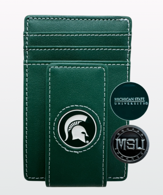 Green leather wallet with white stitching, featuring a prominent Michigan State University Spartan helmet logo in the center, alongside two circular logos—one reading 'MICHIGAN STATE UNIVERSITY®' and the other displaying 'MSU' in a metallic design.