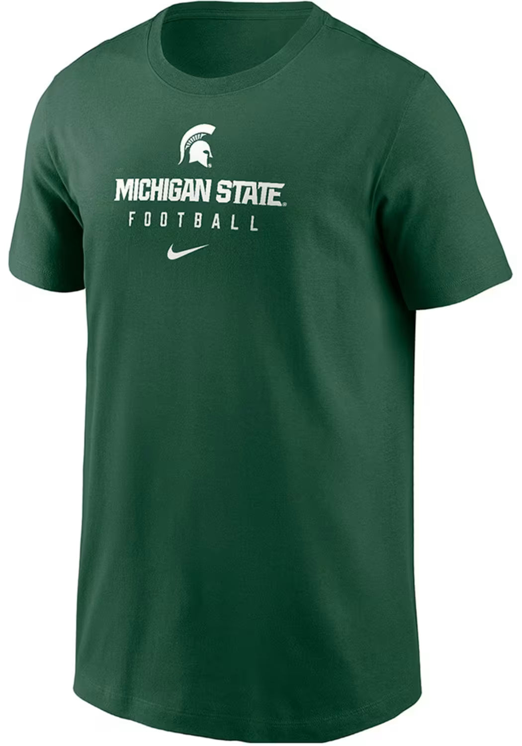 Green T-shirt with a white Spartan Helmet logo and white stacked text underneath that reads "Michigan State Football." Under the text is a white Nike swoosh logo. 