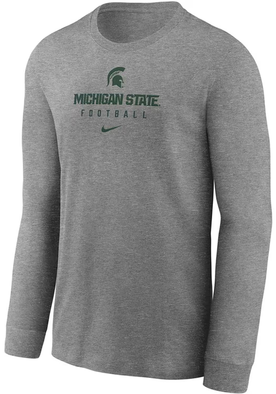 Gray long sleeve T-shirt with a green Spartan Helmet logo and green stacked text underneath that reads "Michigan State Football." Under the text is a green Nike swoosh logo. 