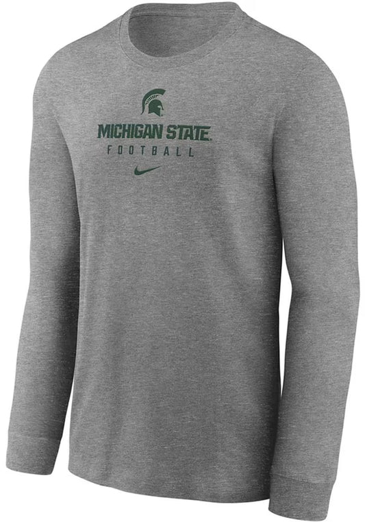 Gray long sleeve T-shirt with a green Spartan Helmet logo and green stacked text underneath that reads "Michigan State Football." Under the text is a green Nike swoosh logo. 