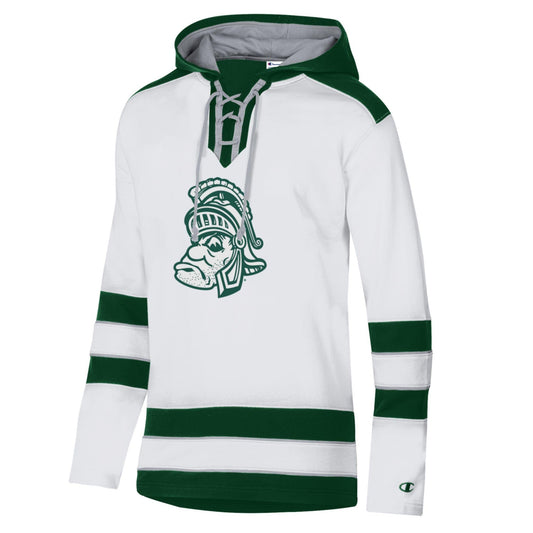 White and green hoodie with a lace-up neckline, featuring a Gruff Sparty illustration on the front. Green stripes accent the sleeves and hem, and a Champion logo appears on the left sleeve cuff.