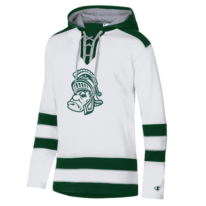 White and green hoodie with a lace-up neckline, featuring a Gruff Sparty illustration on the front. Green stripes accent the sleeves and hem, and a Champion logo appears on the left sleeve cuff.