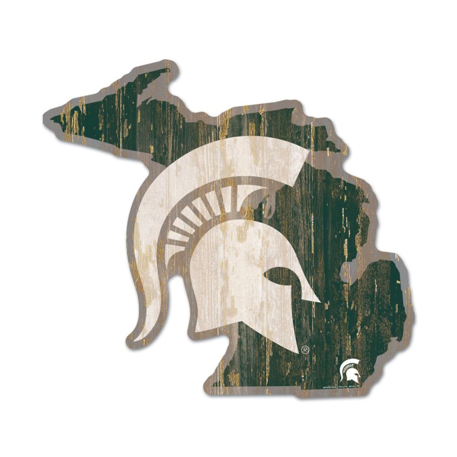 A wooden sign with a green Michigan outline and a white Spartan Helmet logo.