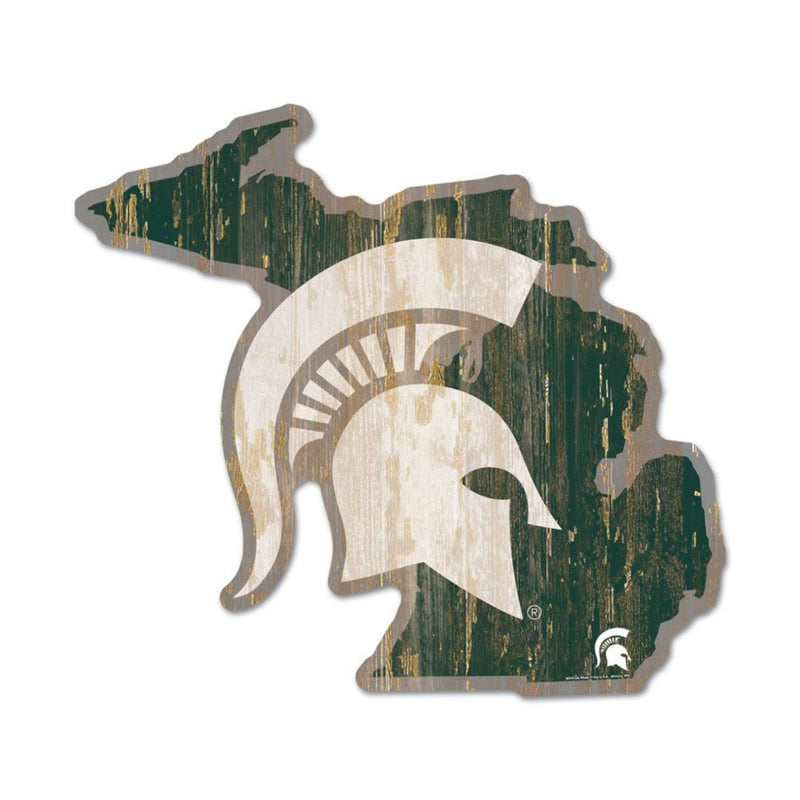 A wooden sign with a green Michigan outline and a white Spartan helmet logo.