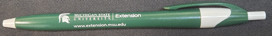 Green click pen with Michigan State University Extension in white print. 
