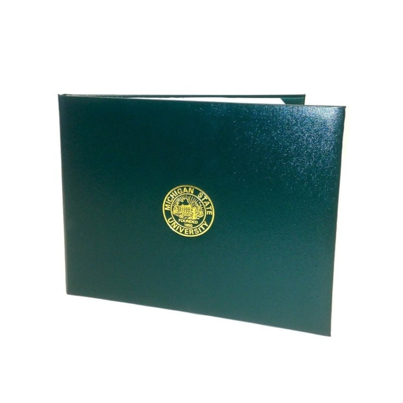 9" X 12" dark green diploma cover with the official MSU seal embossed on the outside