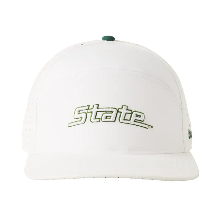 White baseball cap with 'State' embroidery outlined in green and perforated sides.