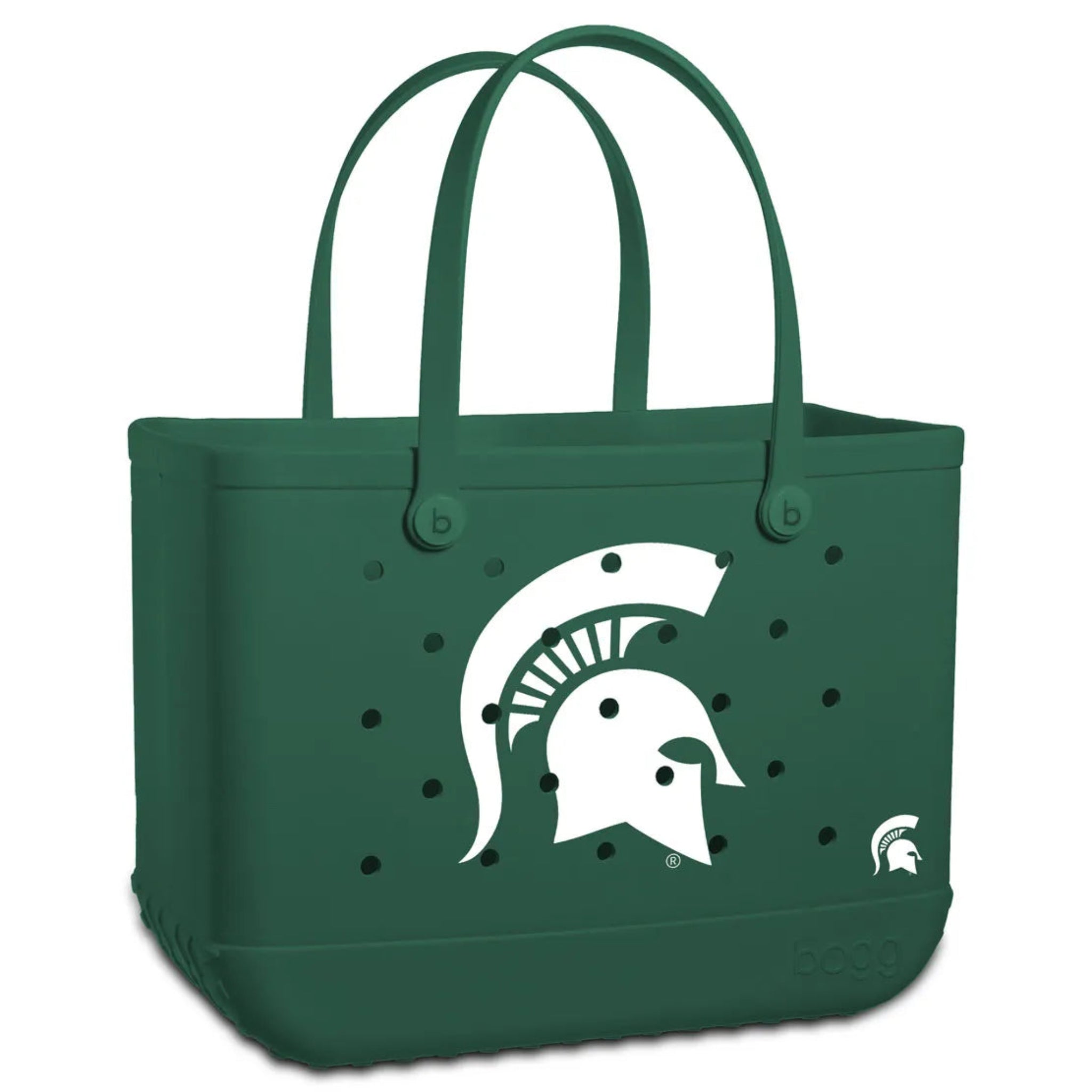 Green tote bag with white spartan helmet logo centered on bag. A small white spartan helmet on the lower left side of bag front. Holes on long side of the bag to help with drying. On a white background