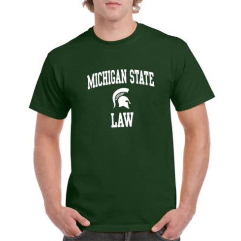 Dark green t-shirt with 'MICHIGAN STATE' in white arched text at the top, a Spartan helmet graphic in the center, and the word 'LAW' in white below the helmet.