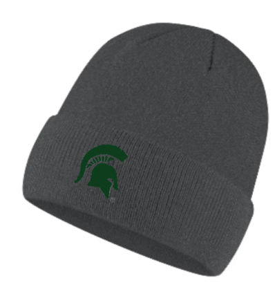 Dark gray knit beanie with green Michigan State Spartan helmet on the cuff.