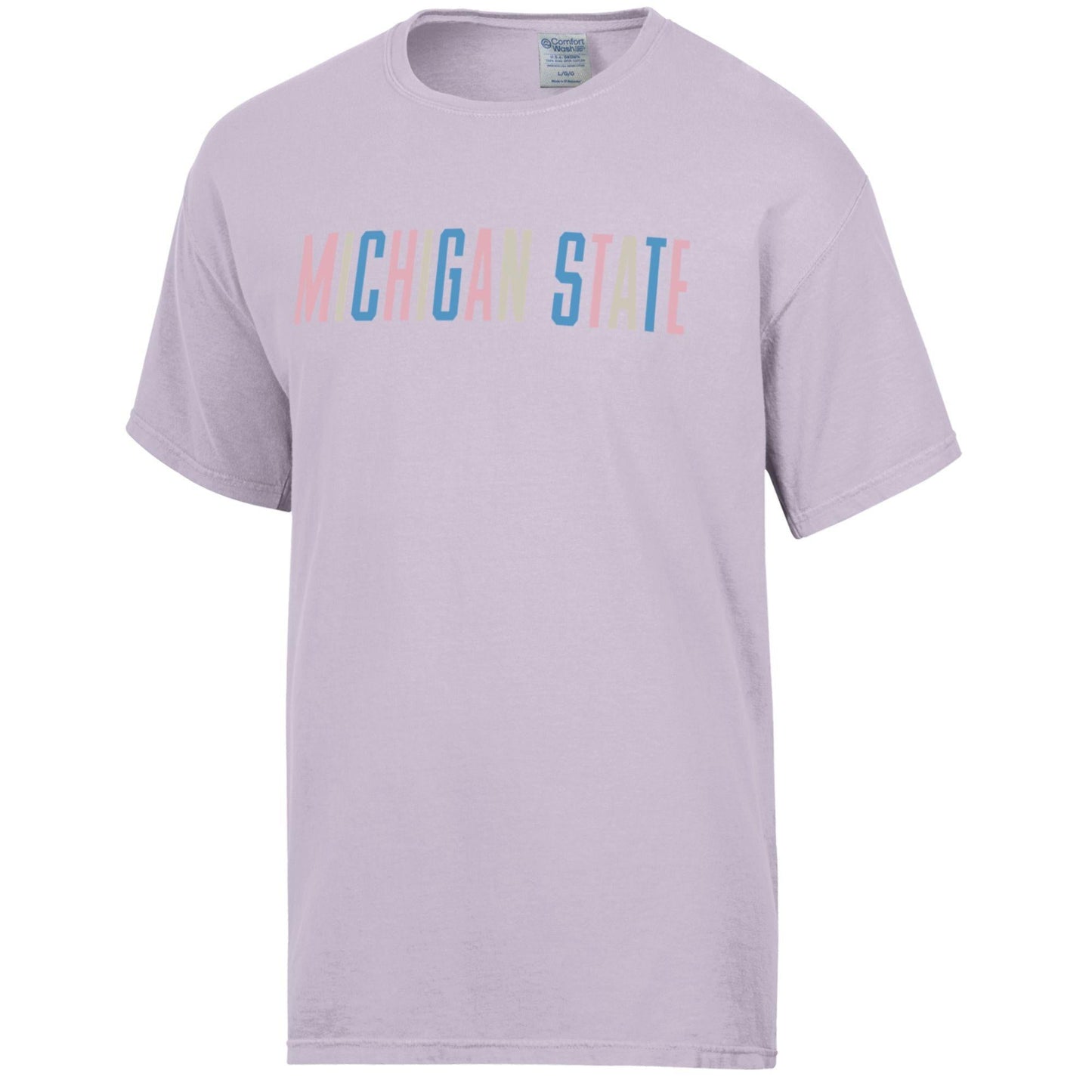 A purple pastel-colored short sleeve T-shirt with "Michigan State" written across the front in multicolor block letters.