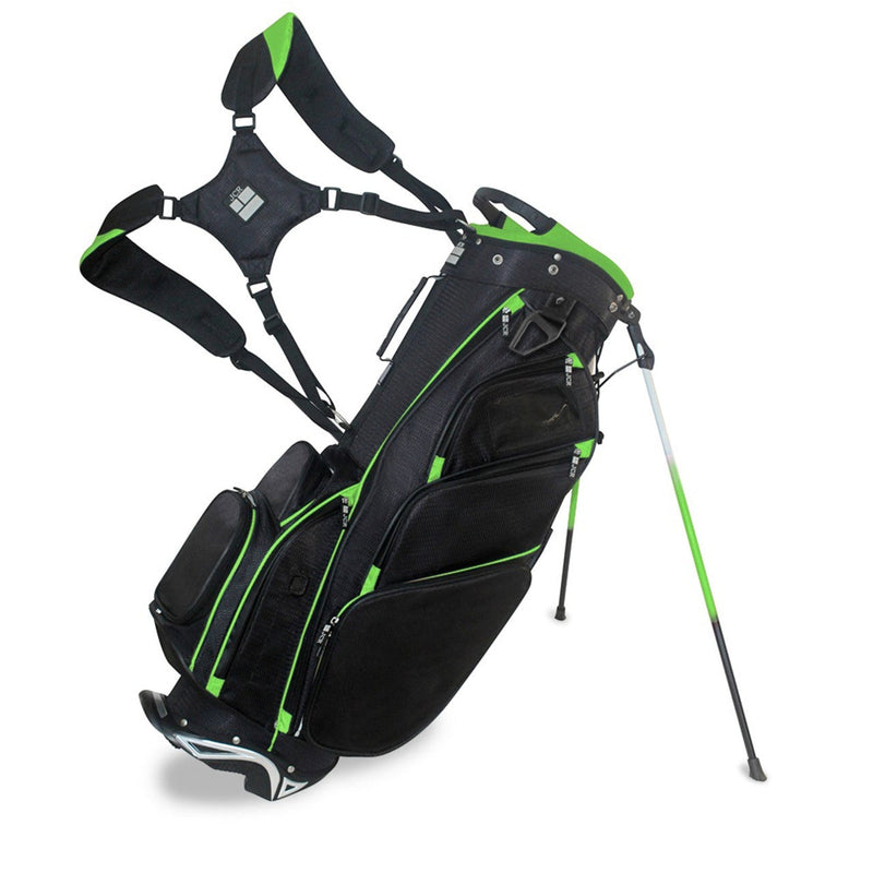 A black golf bag with green accents and multiple pockets, featuring a stand system and straps.