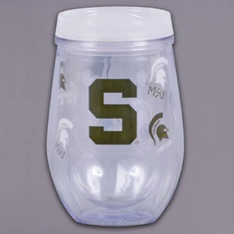 A plastic clear double walled travel stemless wine glass. Has various Michigan State logos in green and white. 
