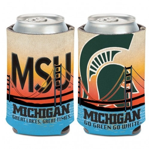 Two Michigan State Spartans can coolers with license plate design in yellow, orange, red, white, and blue colors.