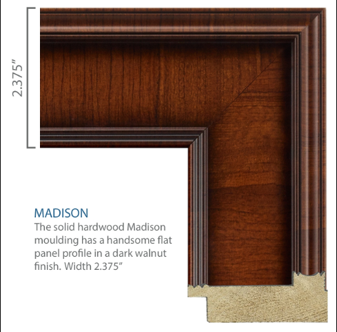 Frame closeup. Flat panel profile with a dark walnut finish. The width is 2.375 inches.